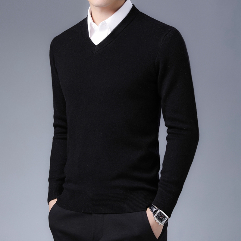 Ordos City-Made Business Workwear V-Neck Wool Sweater for Men, Solid Color Cashmere Sweater, Crew Neck Sweater for Men