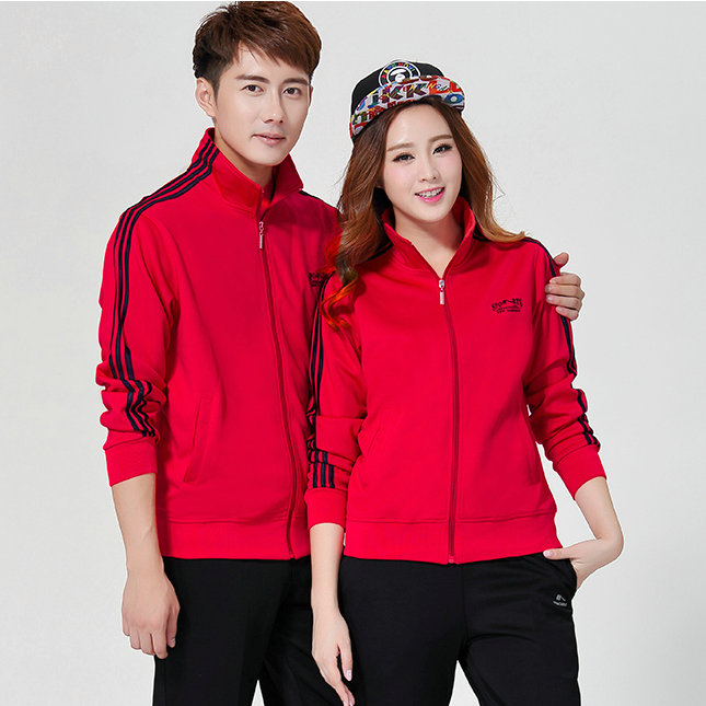 Bộ đồ thể thao nam màu đỏ cha chạy bộ tình nhân nữ trung niên mùa xuân và mùa thu với ba thanh trắng - Thể thao sau bộ thể thao nam mùa hè