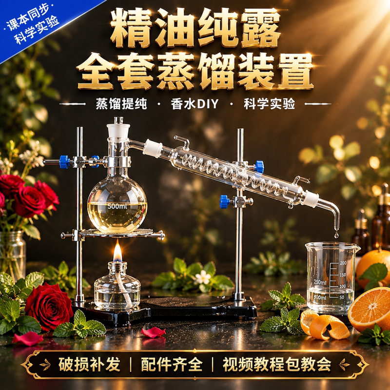 New Complete Set of Distillation Equipment, Distiller, Essential Oil Distillation Extraction Device, Distilled Water Device, Purification and Extraction of Essential Oils, Distiller with Serpentine Condenser Tube, Chemical Experiment Equipment, Distillation Flask