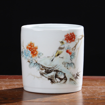 Birds singing and flowers fragrant large Jingdezhen ceramic pen holder porcelain home furnishings living room study four treasure storage tube