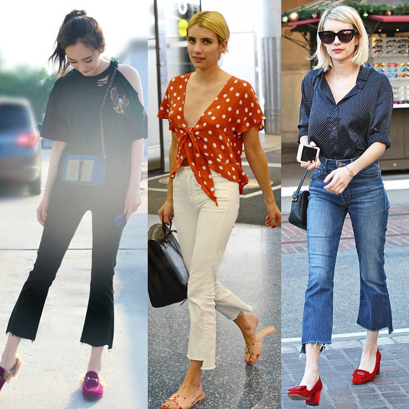 2026 New Elastic High-Waisted Slimming Yang Mi Style Irregular Step Flared Raw Hem Cropped Jeans for Women