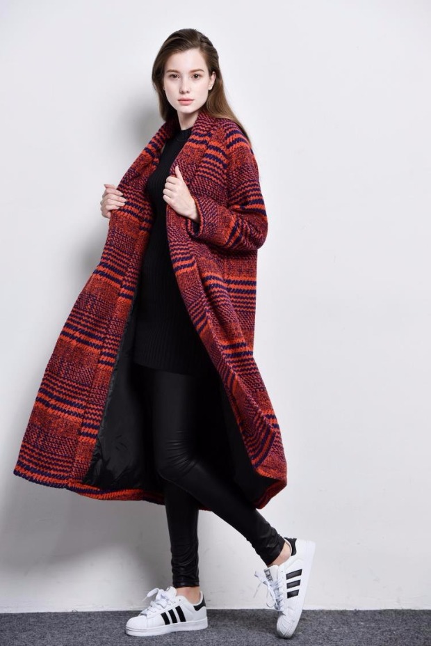 Mùa đông phiên bản Hàn Quốc của retro dày trên đầu gối áo khoác len houndstooth siêu dài áo khoác lửng nữ sinh viên áo cardigan nữ