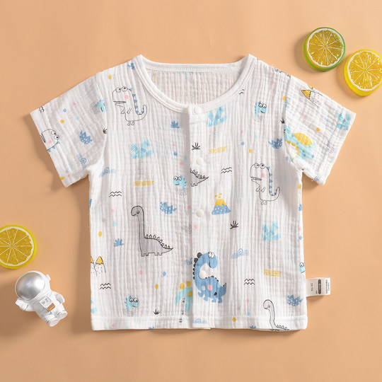 儿童夏季超薄柔软吸汗宝宝纱布短袖开衫上衣婴幼儿家居睡衣空调衣