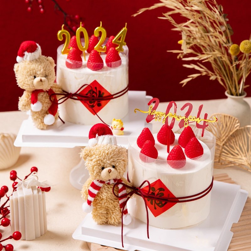 2024 New Year's cake decorations plush small bear hem pieces New Year's Eve Happy Cross-Year Murmace Fortword stickers plug-in-Taobao