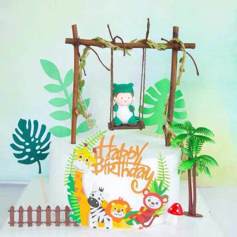 Mori wood swing cake decoration decoration green leaf rattan swing swing baking cake dessert table plug-in card
