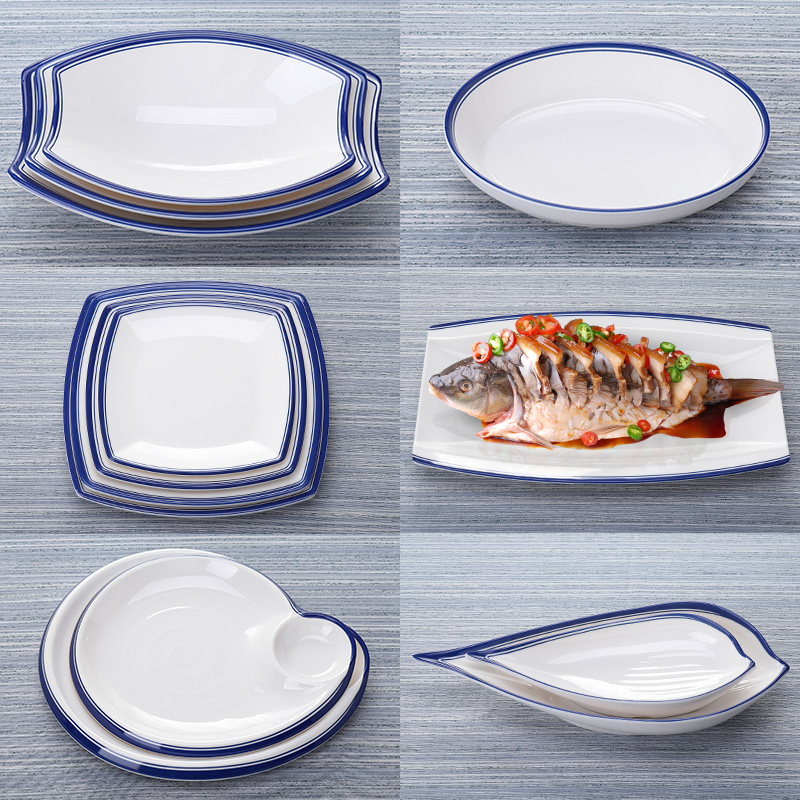 A8 jade porcelain blue edge melamine hotel restaurant hot pot restaurant plate steamed fish plate dumpling plate square fast food plate tableware