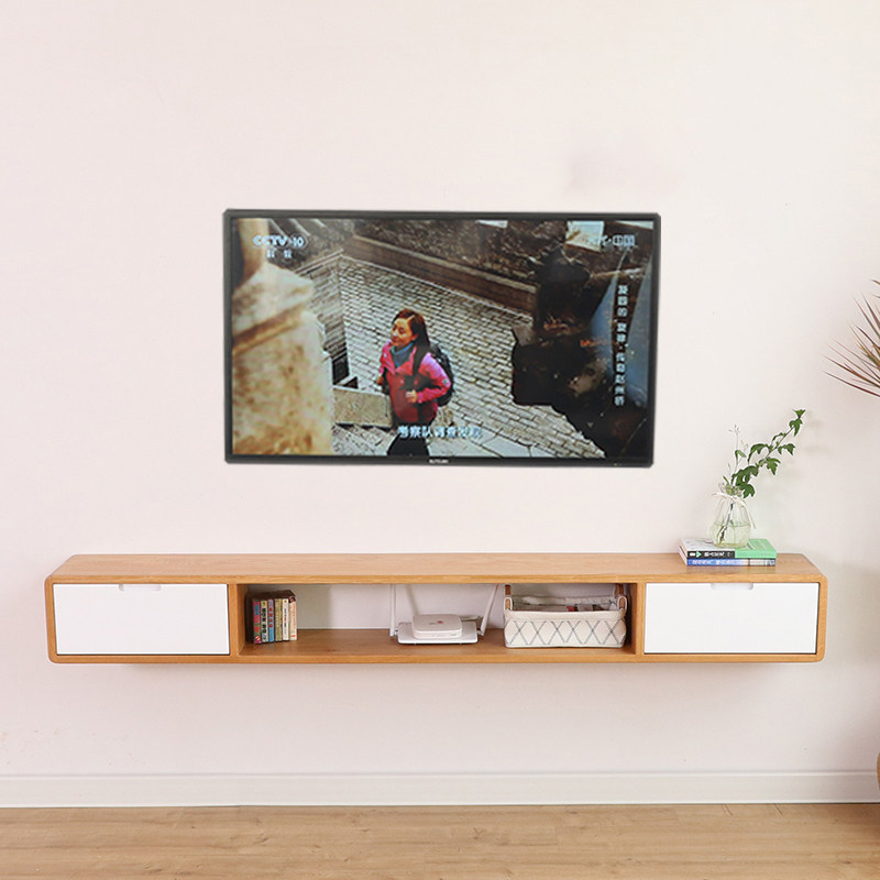 Solid wood suspended TV cabinet hanging cabinet suspension minimalist small family type bedroom with boxed shelf wall-mounted storage cabinet