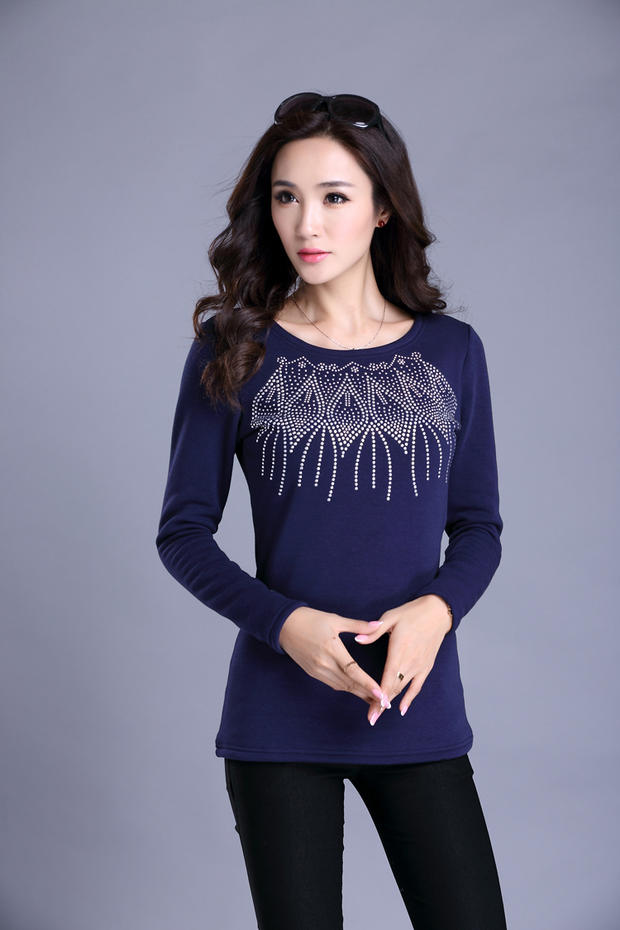 Fat mm phiên bản Hàn Quốc của các mẫu mùa thu đông cộng với áo sơ mi nhung dày đáy quần nữ tải XL cotton dài tay cổ cao áo thun nữ áo sơ mi nữ trung niên