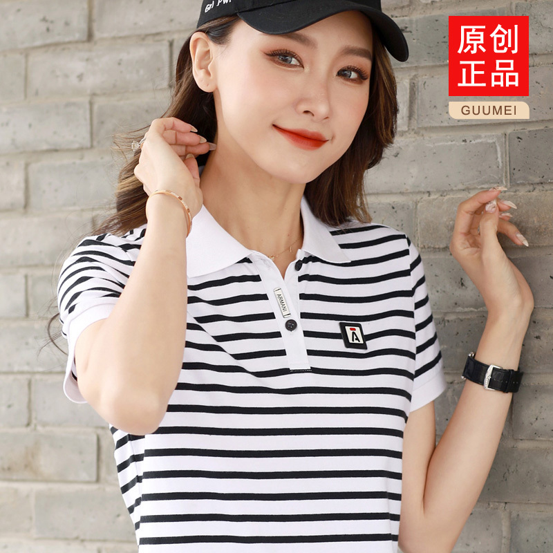 2026 New Summer Striped Short-Sleeved T-Shirt for Women, Large Size, Loose, Pure Cotton, Sports Collared Top, Polo Shirt