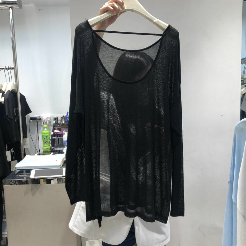 Summer New Loose Large Size Ice Silk Mesh T-Shirt Women's Backless Thin Slightly See-Through Long-Sleeved Top Sun Protection Blouse Trendy