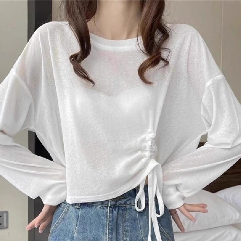 Sun Protection Design, Niche Drawstring Knit Base Shirt for Women, Spring and Summer 2025, Short High-Waisted Top, Long-Sleeved T-Shirt Sun Protection Design, Niche Drawstring Knit Base Shirt for Women, Spring and Summer 2025, Short High-Waisted Top, Long-Sleeved T-Shirt