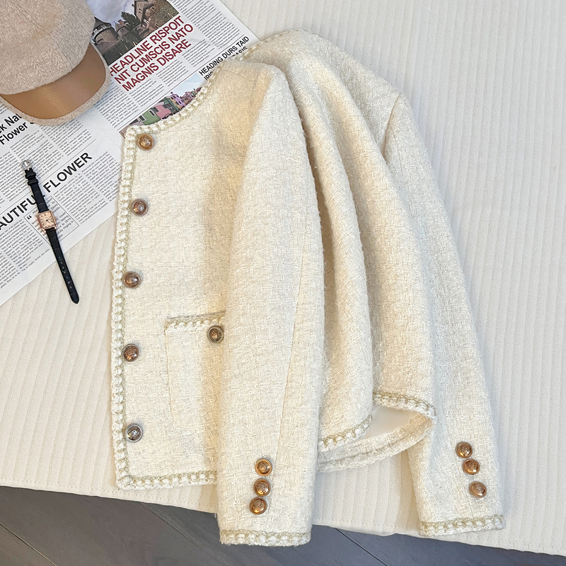 Off-White Round-Neck Chanel-Style Blazer for Women, 2026 New Design, Versatile and Fashionable Women's Blazer