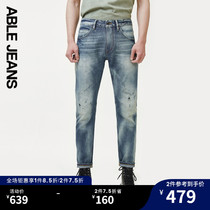 The ABLE JEANS 100 hitch a full length big V pants jeans New Broken Hole Casual Loose Long Pants Men Spring Summer