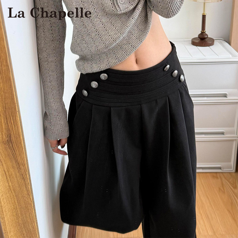 La Chapelle Old Money Style Black Woolen Wide-Leg Suit Pants for Women, Autumn 2026 New Model, Napoleon Design Casual Pants