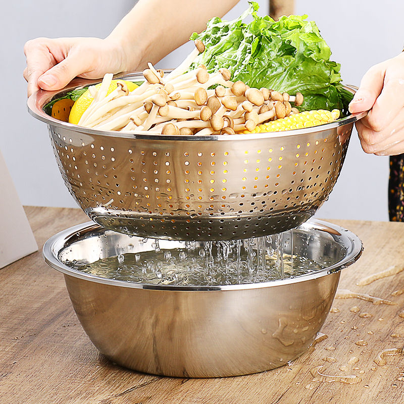 No magnetic stainless steel thickened washing basin, leakage basin, rice washing basin, household set of stainless steel basin, multi-functional two sets