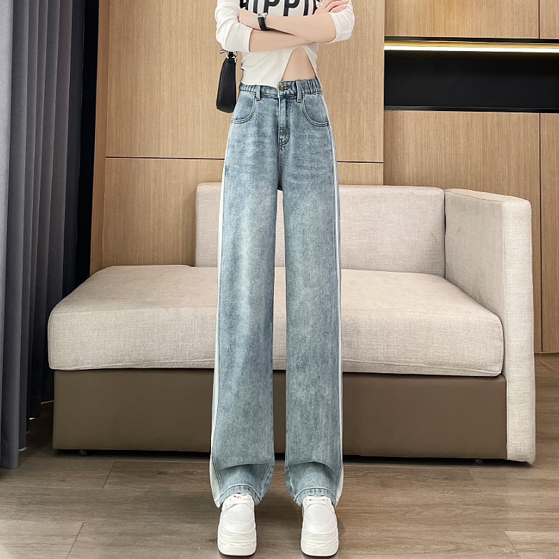 Narrow-Leg Denim Wide-Leg Pants for Women, Spring and Autumn 2024 New High-Waisted Drape Striped Pants, Loose Straight-Leg Jeans