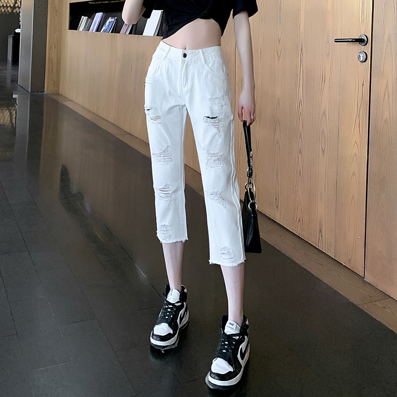Ripped Denim Capri Pants White Pants Women Summer Thin Petite High-Waisted Casual Loose Straight-Leg Jeans