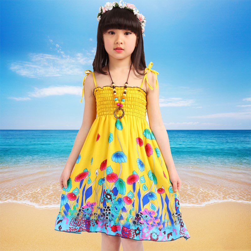 trẻ em bông bãi biển cô gái retro gió vừa và nhỏ váy tiểu học học sinh trung học mật ong váy phù hợp với mùa hè trẻ em trang phục.