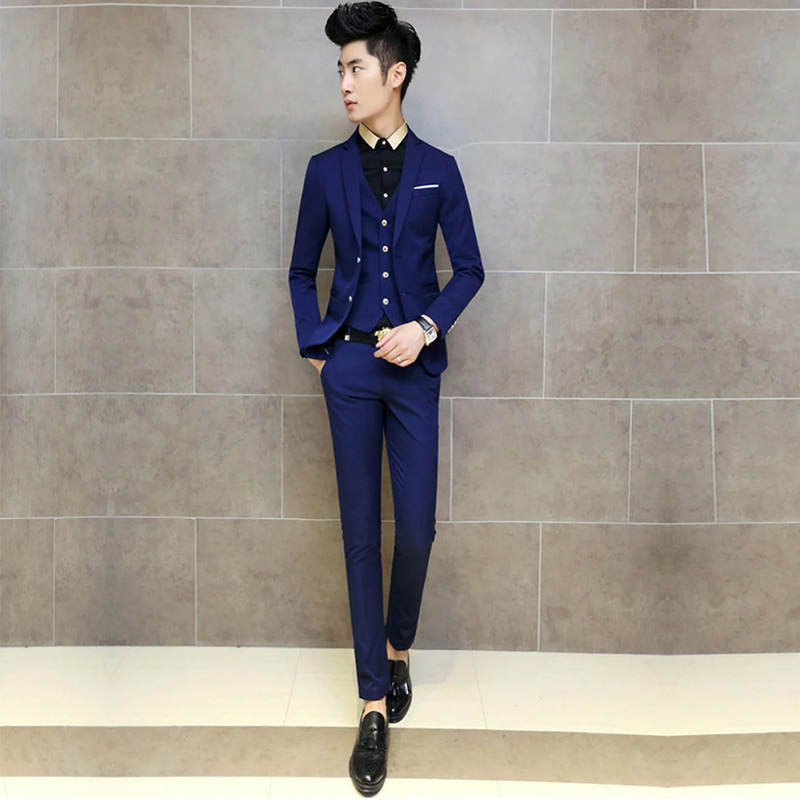 Suit phù hợp với nam giới nhỏ phù hợp với bộ đồ phù hợp với Han Feng xu hướng giới trẻ ba mảnh thiết lập giản dị Hàn Quốc phiên bản của triều cơ thể xây dựng