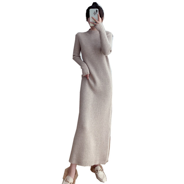 Half-high collar bottoming with sweater skirt long skirt female 2021 autumn and winter Korean version of the new ultra-long knitted dress thick