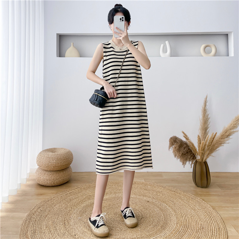 Spring and Summer New Style French Sleeveless Elegant Slimming Long Dress for Petite Women, Striped Slit Knit Tank Dress Spring and Summer New Style French Sleeveless Elegant Slimming Long Dress for Petite Women, Striped Slit Knit Tank Dress
