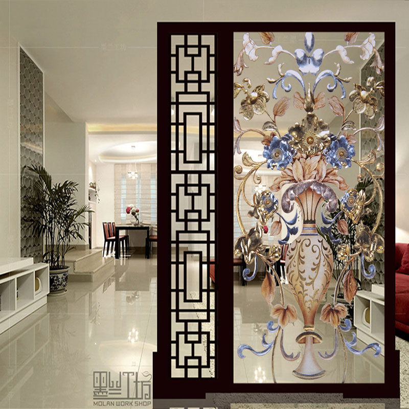 European gold foil Silver foil Art glass Bathroom dining room partition entrance background wall double-sided matte carved vase