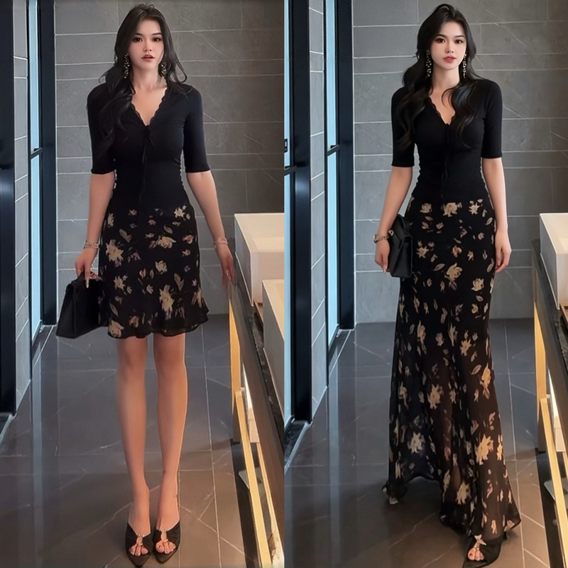 Unique and Beautiful Summer Outfit for Women, Korean Style, Mature and Elegant, Lace V-Neck T-Shirt, Floral Skirt, Two-Piece Set Unique and Beautiful Summer Outfit for Women, Korean Style, Mature and Elegant, Lace V-Neck T-Shirt, Floral Skirt, Two-Piece Set