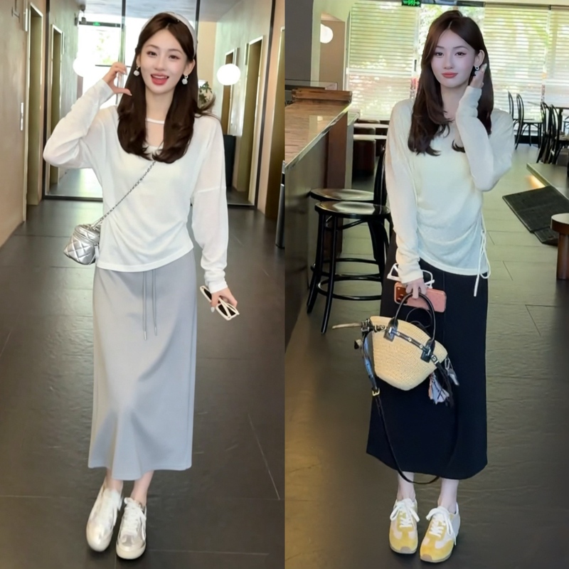2026 Super Popular Summer Outfit, a Complete Set of Korean-Style Fashionable Casual Irregular Off-Shoulder Sun-Protective T-Shirt and Skirt Two-Piece Set