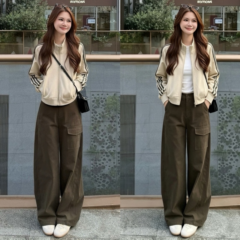Korean-Style Autumn Outfit: a Complete Set of Sporty Casual Stand-Collar Baseball Jacket, Sweatshirt, Workwear Wide-Leg Pants Two-Piece Set