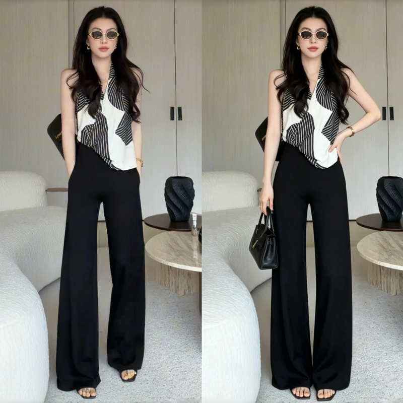 A Complete Set of Summer Outfits in the Style of the French Old Money Style, Featuring a Halter Neck Sleeveless Top and Wide-Leg Pants