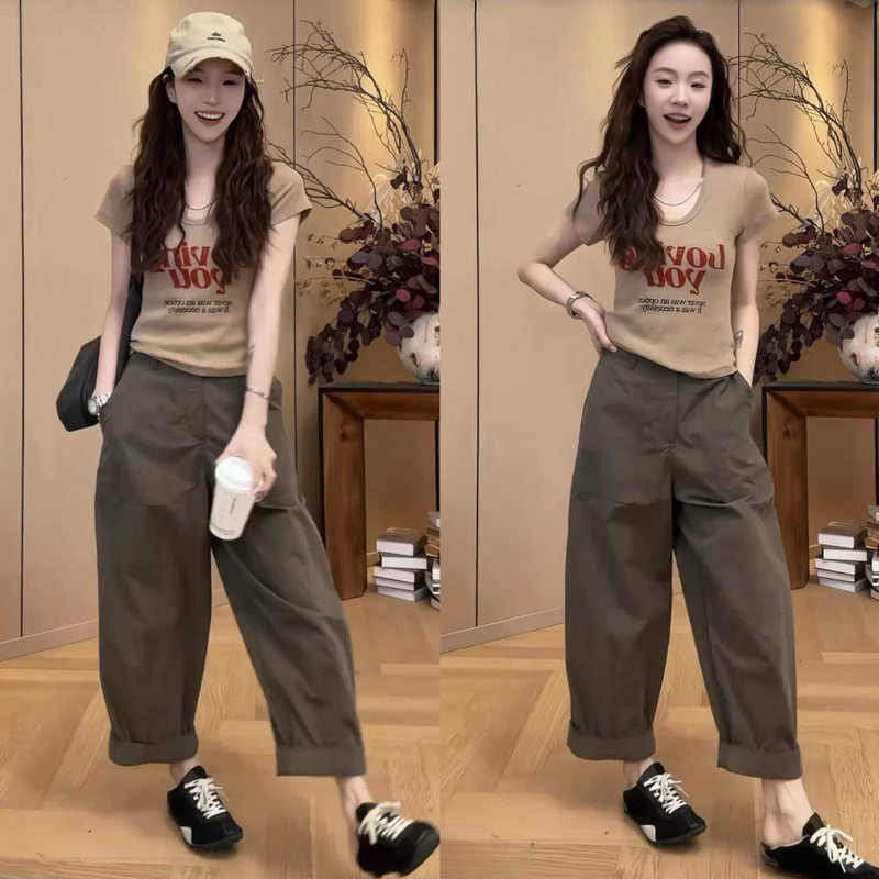2026 Super Popular Summer Outfit, a Complete Set of Korean-Style Cool and Trendy Fashion Printed Short-Sleeve T-Shirt and Workwear Wide-Leg Pants Two-Piece Set