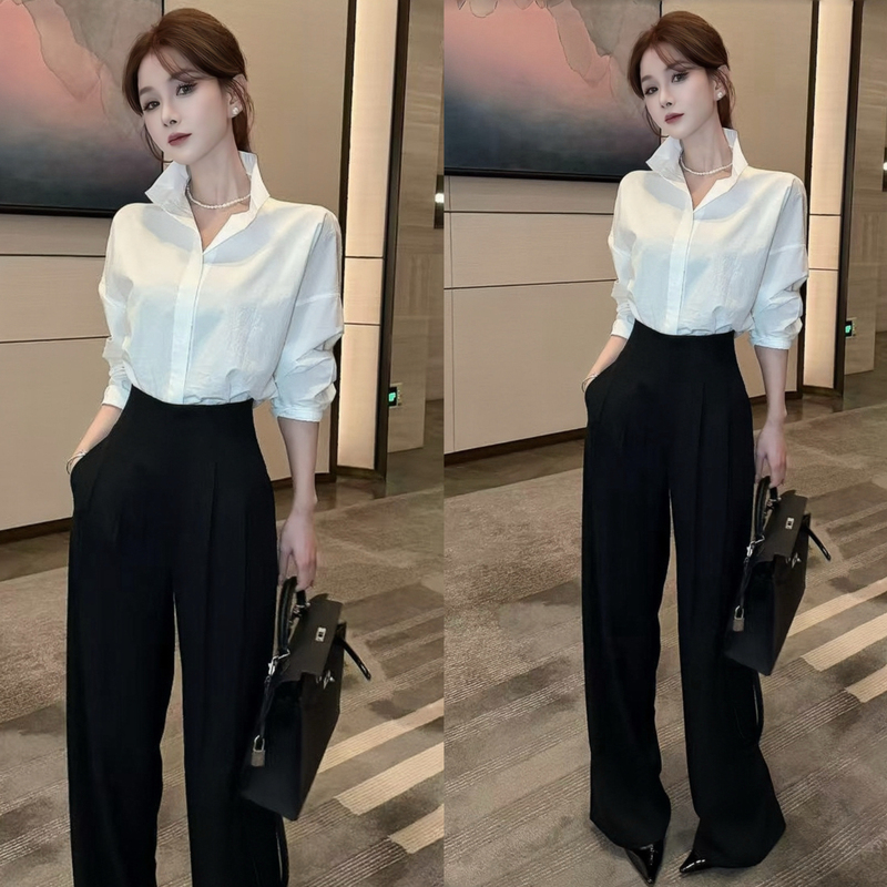 Unique and Beautiful, a Complete Set of Spring and Summer Korean-Style High-End Professional Commuting Elegant White Shirt and Wide-Leg Pants Two-Piece Set