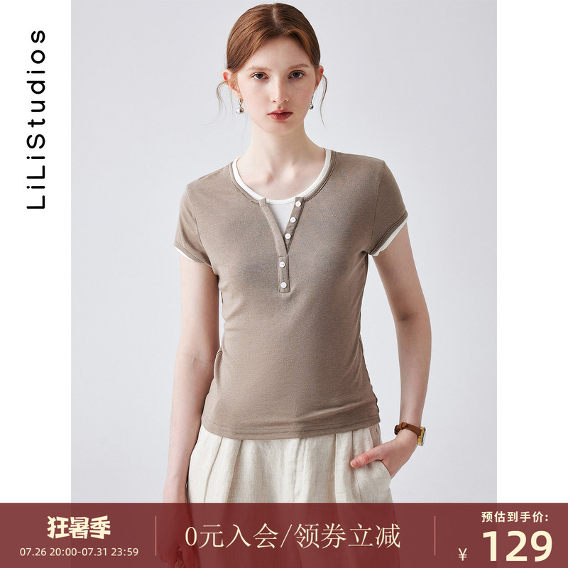 Lyocell Color-Block Henry Collar Short-Sleeve T-Shirt for Women, 2026 Summer New Style, High-End Casual Versatile Top