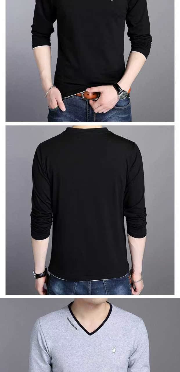 Playboy áo thun dài tay cotton nam mùa thu mới trung niên nam cổ chữ V phần mỏng chạm đáy áo thun rắn màu áo thun nam cao cấp