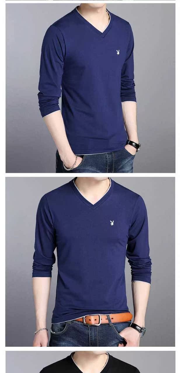 Playboy áo thun dài tay cotton nam mùa thu mới trung niên nam cổ chữ V phần mỏng chạm đáy áo thun rắn màu áo thun nam cao cấp