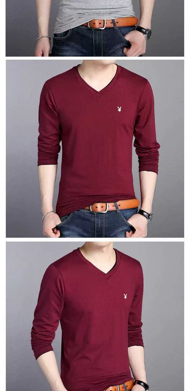 Playboy áo thun dài tay cotton nam mùa thu mới trung niên nam cổ chữ V phần mỏng chạm đáy áo thun rắn màu áo thun nam cao cấp