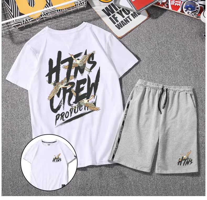 Mùa hè nam quốc triều ngắn tay ngắn phù hợp với nam thương hiệu thủy triều phong cách Trung Quốc cần cẩu in áo thun hai mảnh phù hợp với thủy triều - Bộ đồ set đồ nam