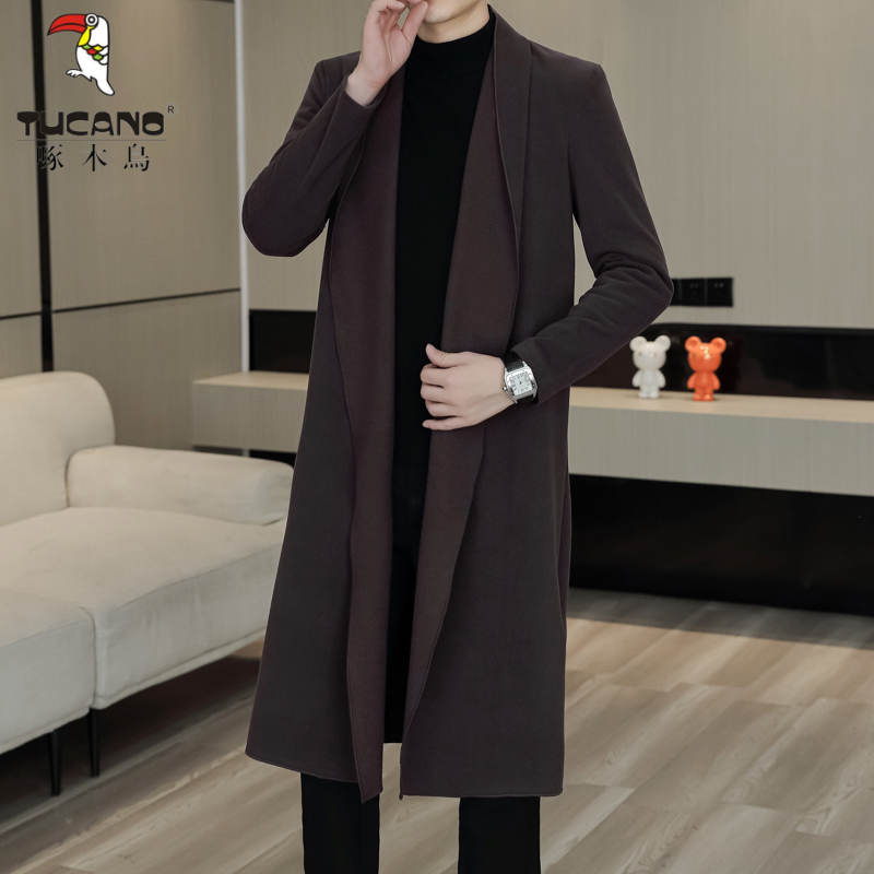 Woodpecker Wool Trench Coat for Men, Mid-Length, Over-The-Knee, New Spring and Autumn Korean Style Casual Shawl Rabbit Fur Coat for Men