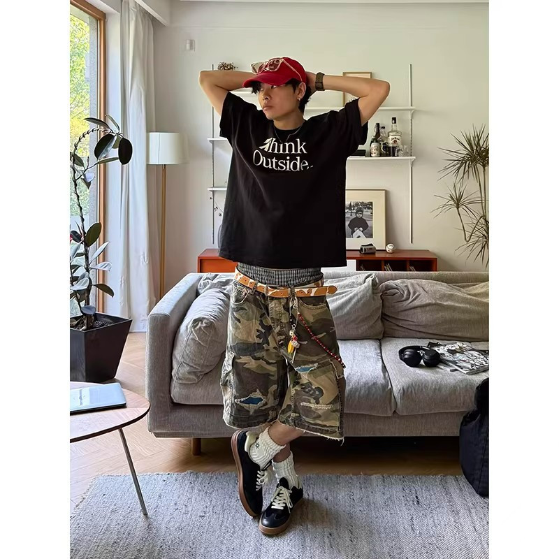 Large Pocket Ripped Patch Denim Shorts Hip-Hop American Retro European and American Style Pants Men's Design Cropped Pants Large Pocket Ripped Patch Denim Shorts Hip-Hop American Retro European and American Style Pants Men's Design Cropped Pants