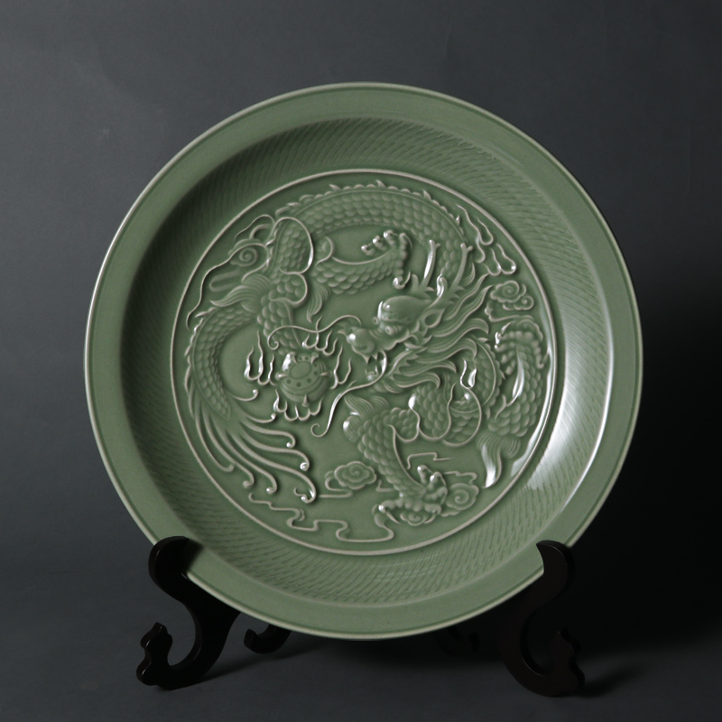 Upper Forest Lake Yue Kiln Green Porcelain Dragon Grain Tray Chinese Home Wedding Celebration Gift Ceramic Pendulum 32cm Secret Porcelain Porcelain Dish