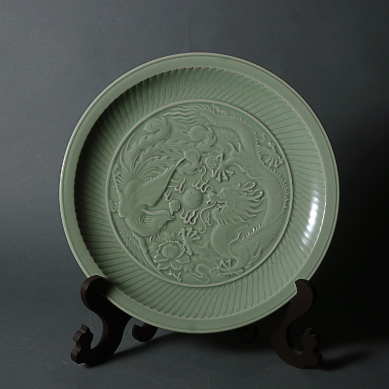 Shanglinhu Yue Kiln Celadon dragon and Phoenix colorful plate handmade creative wedding gift 38cm with bracket secret color porcelain