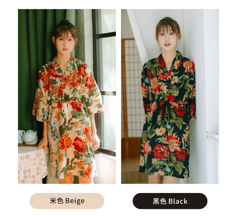 Đồ ngủ Nhật Bản, hoa, mùa thu và mùa đông, phụ nữ mới, tay áo, váy ngủ, kimono, cotton và vải lanh, quần áo ở nhà, đồ ngủ gió váy ngủ lụa