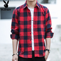 Playboy plaid shirt mens spring and autumn long-sleeved shirt new student youth casual plaid shirt mens clothing