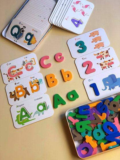 儿童木制玩具益智铁盒拼板大小写字母数字启蒙配对撕不烂卡片拼图