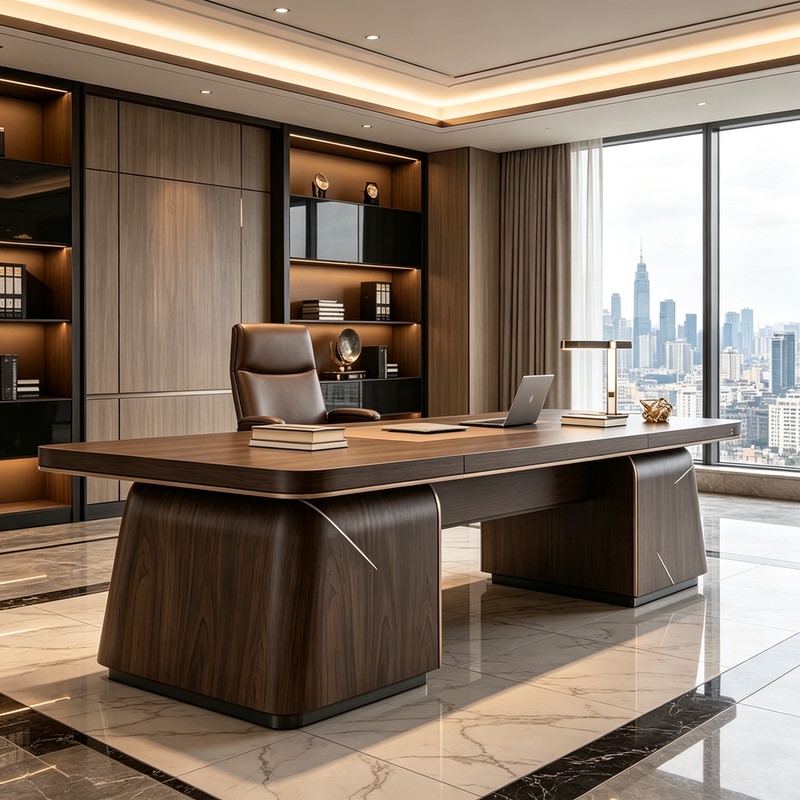 Light Luxury Black Walnut Executive Desk with Exquisite Metal Trim, Suitable for High-Rise Offices, Exuding an Elegant and Stable Business Office Vibe Light Luxury Black Walnut Executive Desk with Exquisite Metal Trim, Suitable for High-Rise Offices, Exuding an Elegant and Stable Business Office Vibe