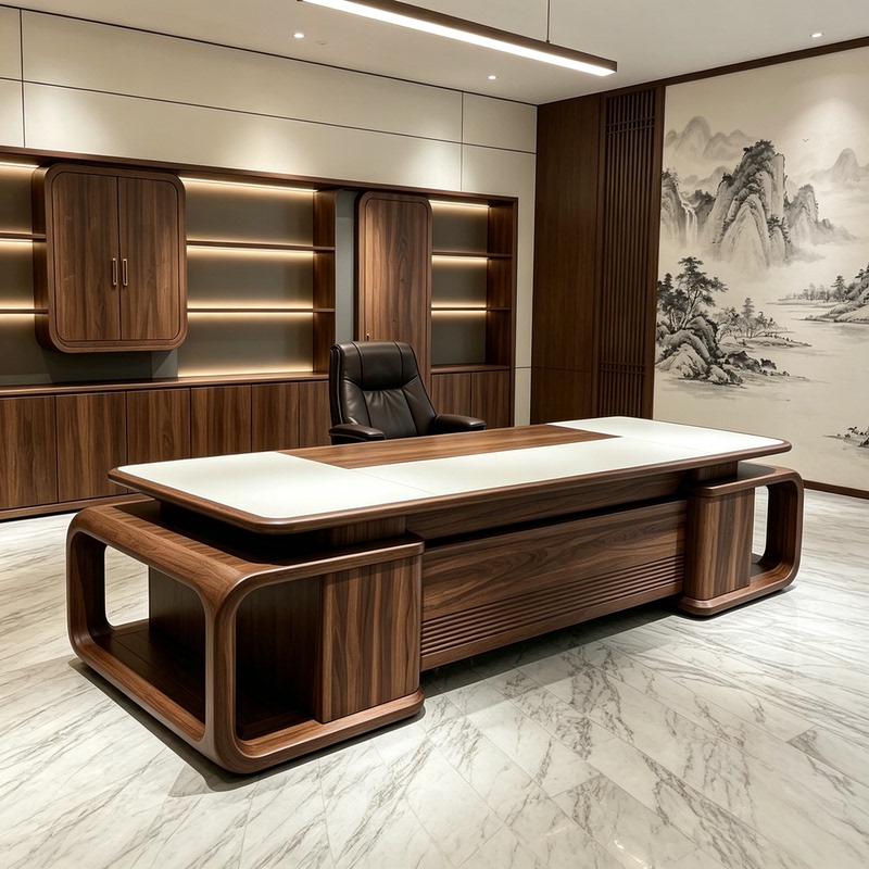 New Chinese-Style Curved Rock Slab and Solid Wood Splicing Executive Desk with Grid Storage Design, Stable and Zen-Inspired Office Desk