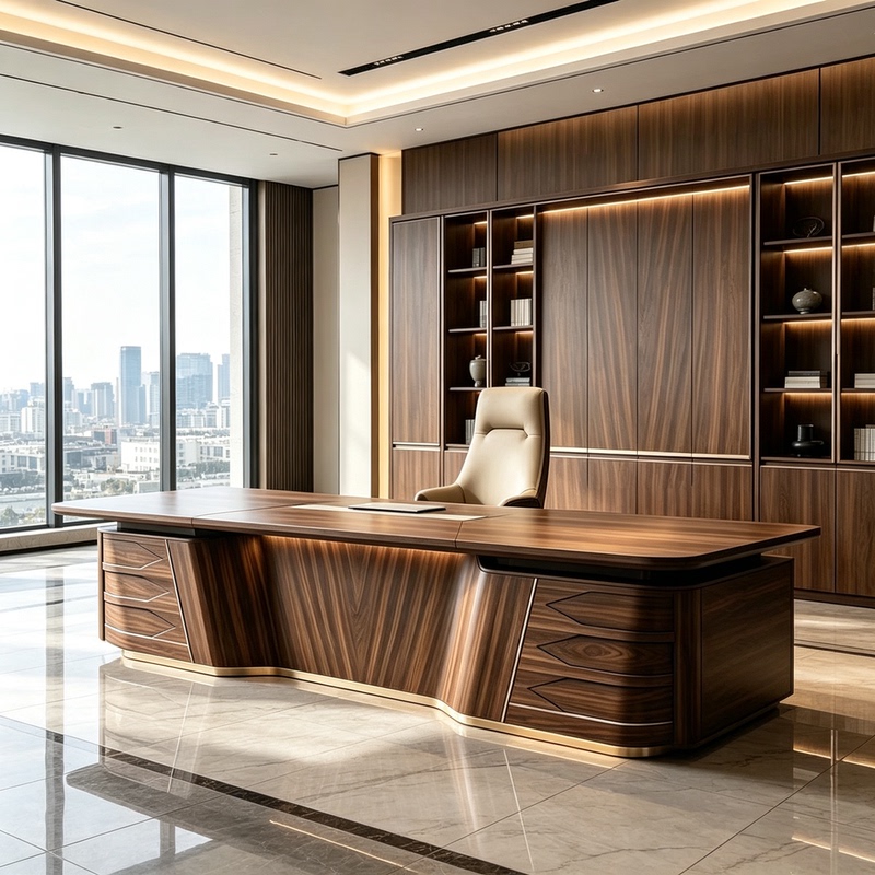 Streamlined Design Walnut Executive Desk with Brass Trim, High-End and Elegant Commercial Office Desk for City Office Buildings Streamlined Design Walnut Executive Desk with Brass Trim, High-End and Elegant Commercial Office Desk for City Office Buildings