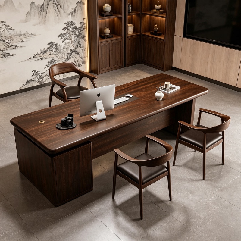 New Chinese-Style Solid Wood Side Cabinet Desk Paired with a Circle Chair, Landscape-Themed Study Room, Tea Room, Zen-Inspired Executive Writing Desk