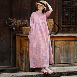 Bupu Homemade 2024 Summer New Dress Rainbow Pink Plaid Salt Shrink Cotton Loose High Waist Long Skirt Robe