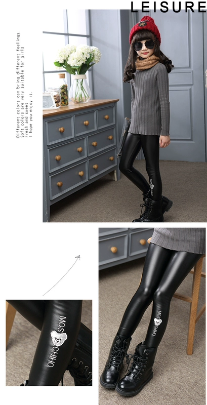 9 cô gái cộng với quần nhung da mùa đông trẻ em quần legging dày ấm 5-10 trẻ em lớn quần da pu 12 tuổi 15 quần yếm cho bé gái